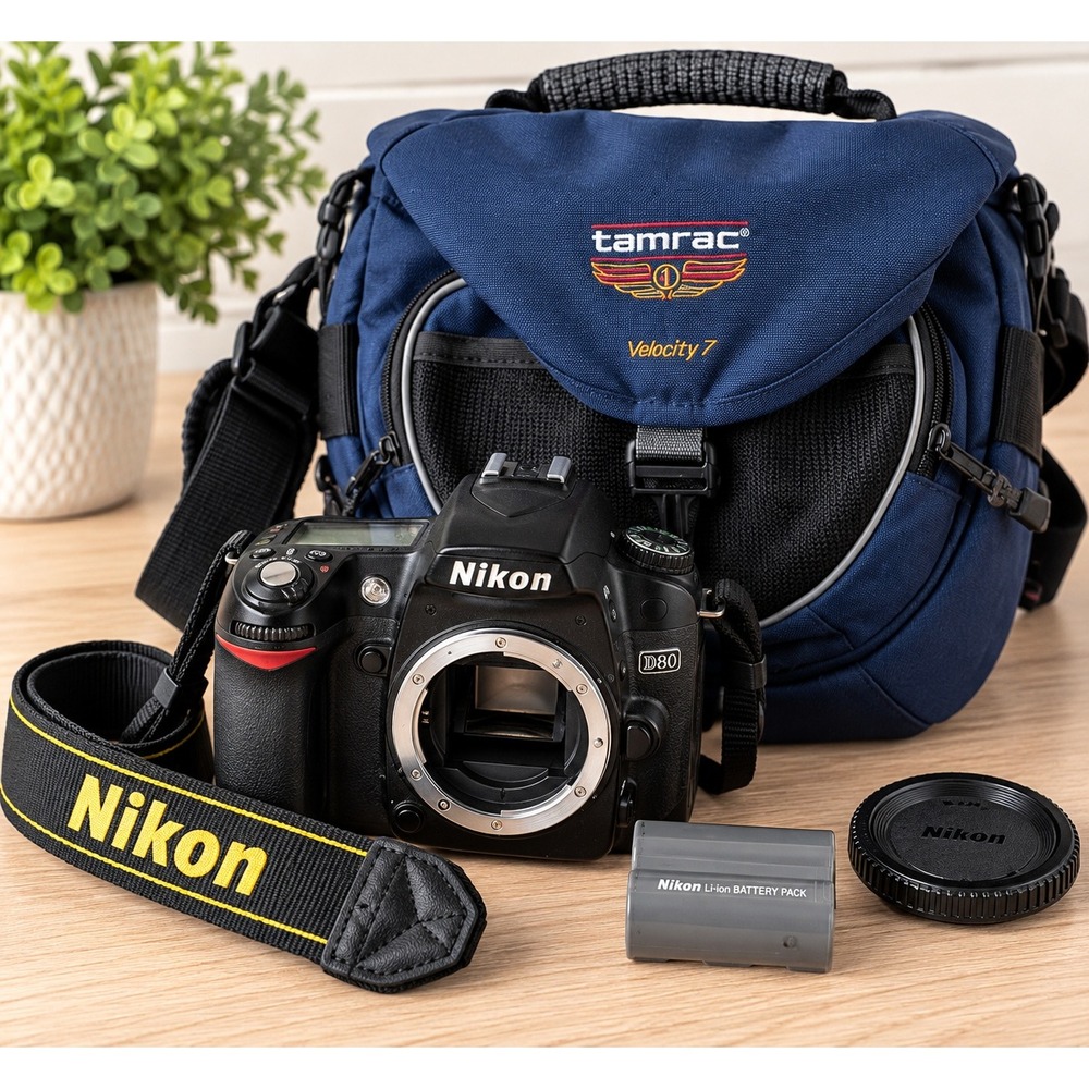Nikon D80 DSLR Camera Body Battery Strap Tamrac Bag Bundle Untested